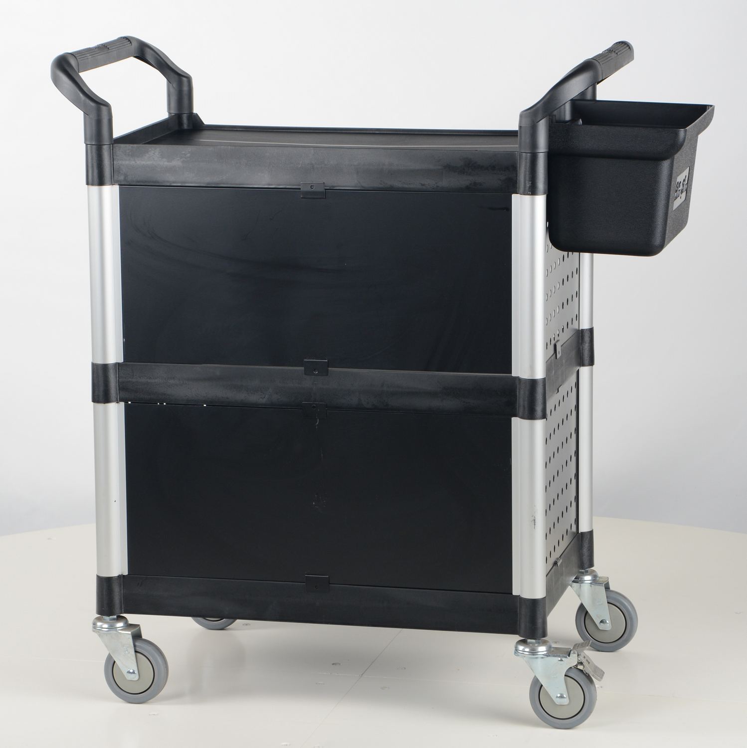 Rubbermaid Xtra Black Utility Carts Three shelves; With lockable  doors/sliding